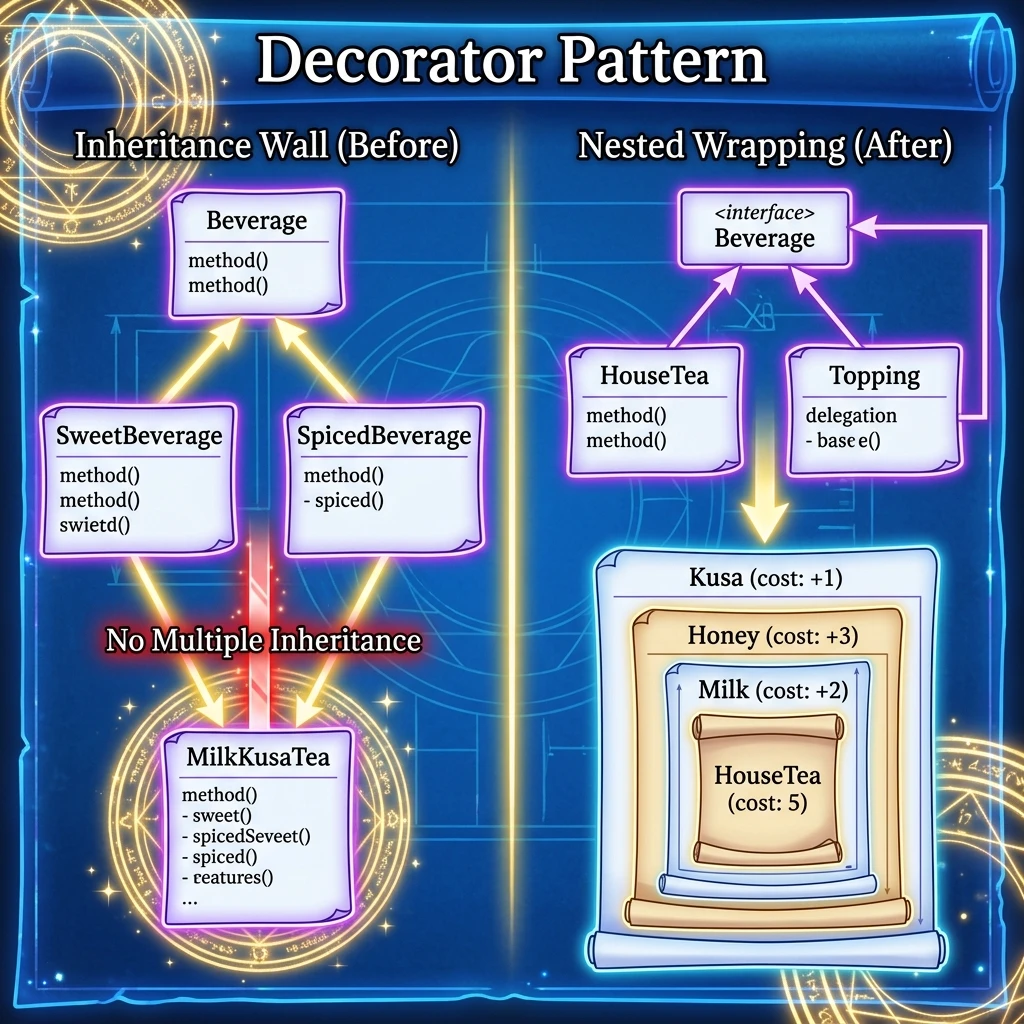 Decorator pattern class and object structure showing how components wrap each other