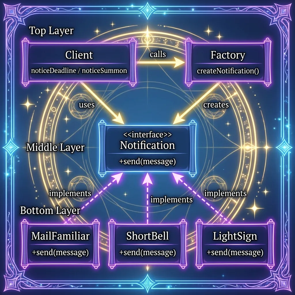 Class diagram showing Client requesting notification creation to Factory, using Notification interface implemented by MailFamiliar, ShortBell, and LightSign