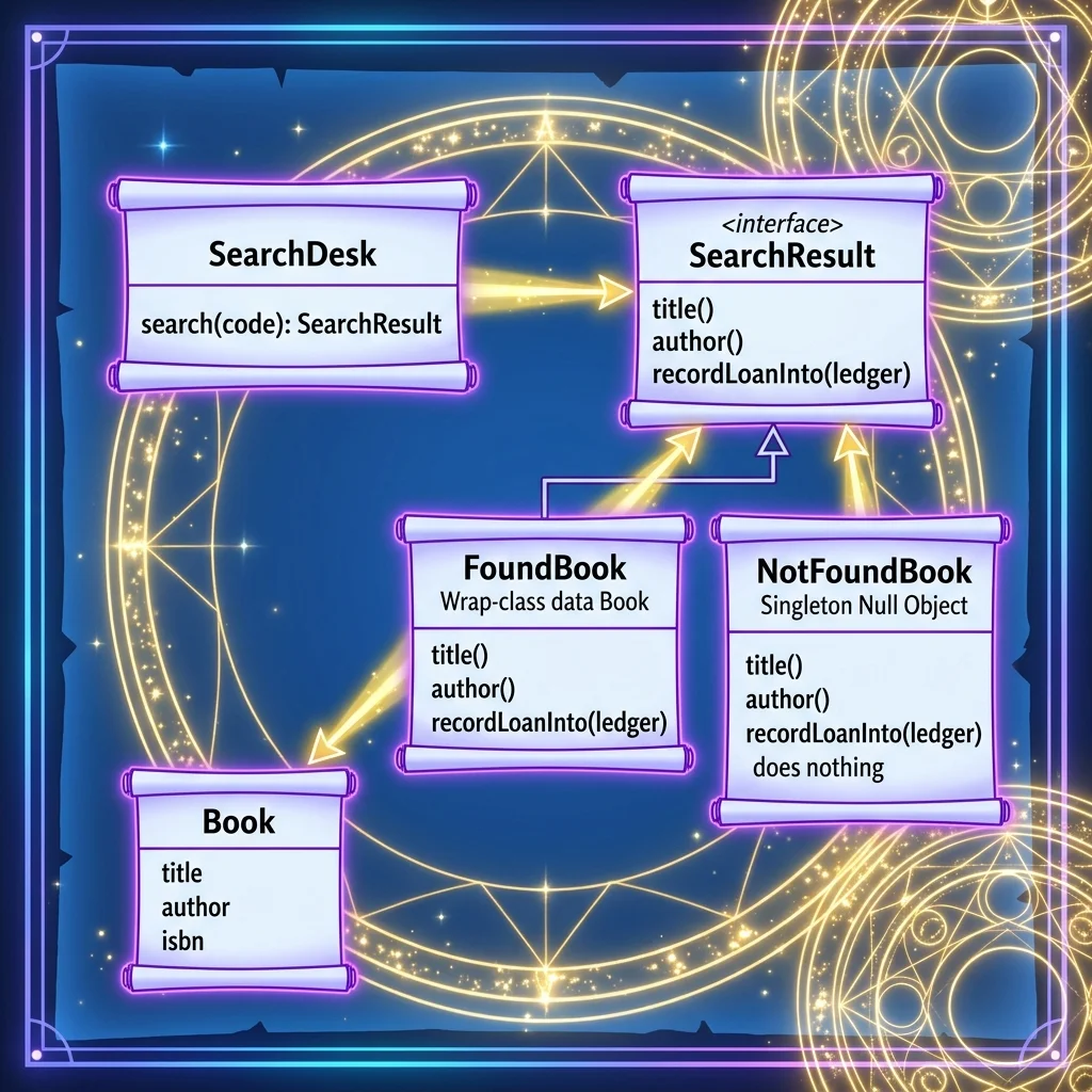 Class diagram showing SearchDesk producing SearchResult, implemented by FoundBook and NotFoundBook (Null Object)