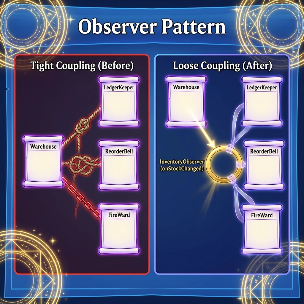 Observer pattern class diagram comparing tight coupling and observer-based loose coupling