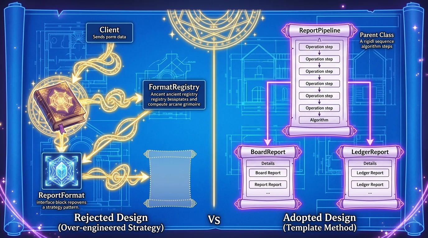 Strategyと登録簿による過剰設計(却下案)とTemplate Methodによる骨格固定(採用案)の魔法回路対比図