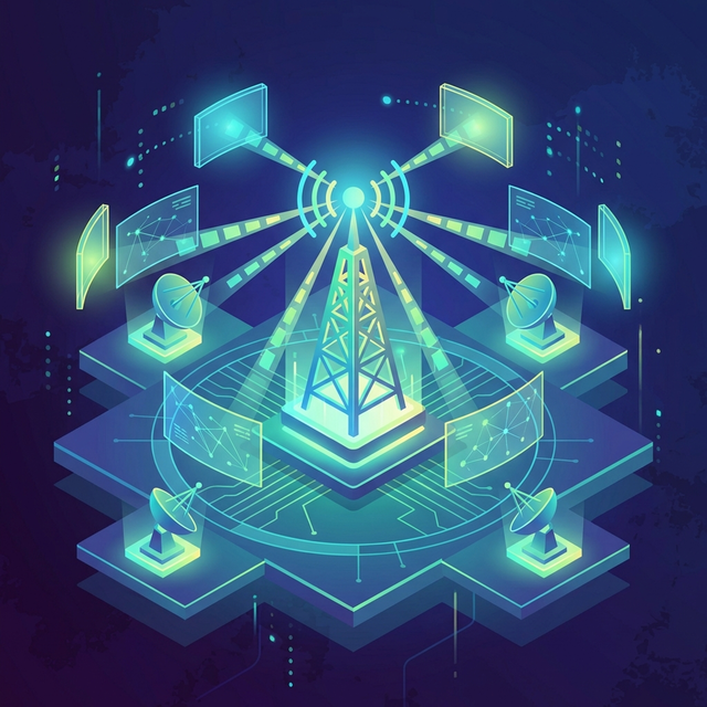 Observerパターンの概念図：中央の塔から一斉送信