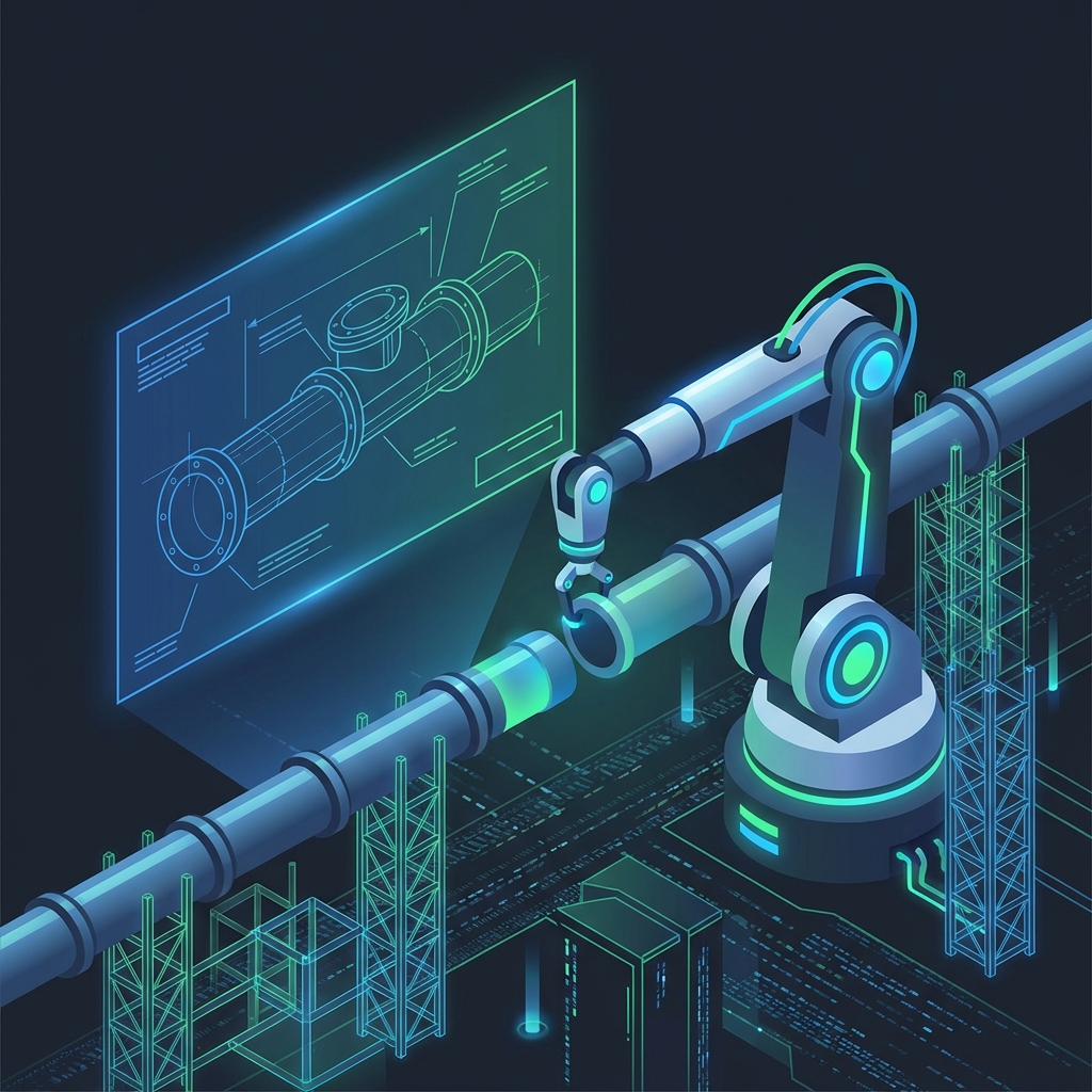 ロボットアームがパイプラインを組み立てる様子