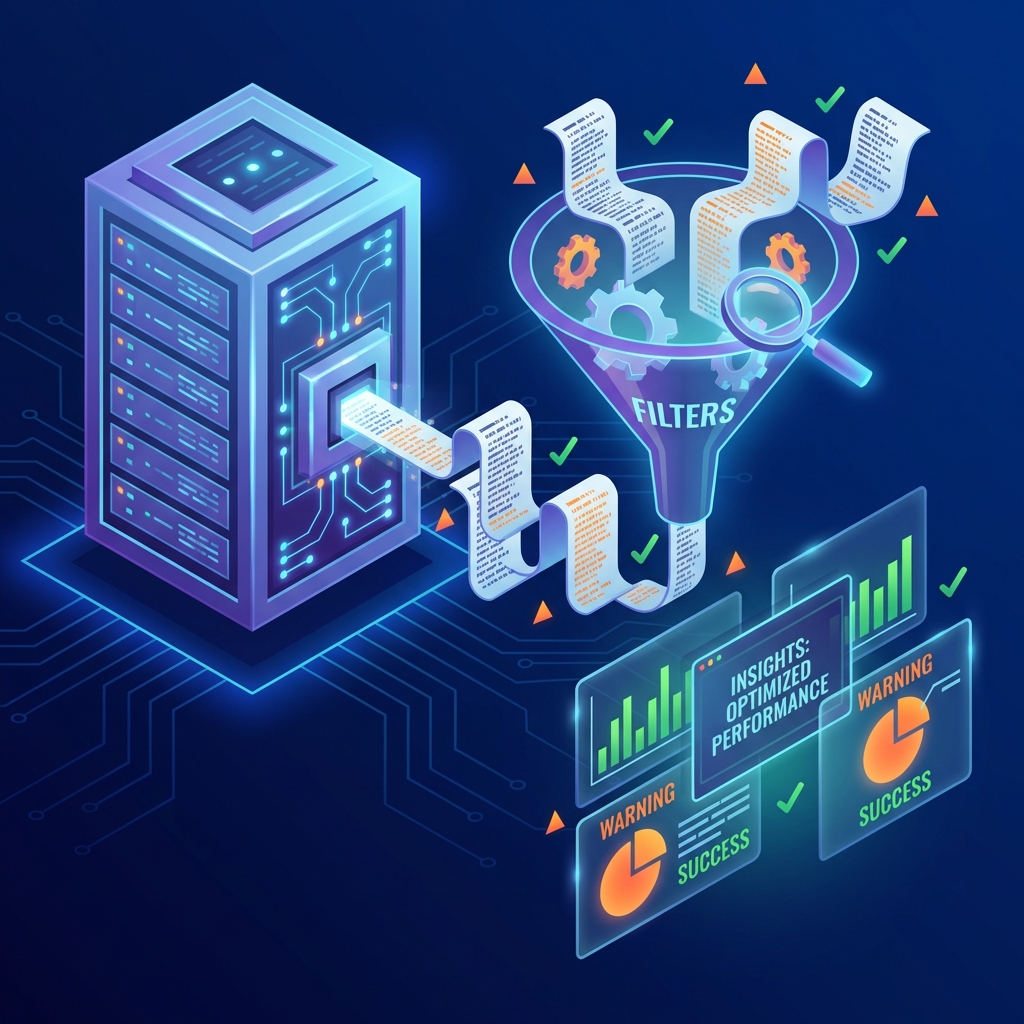 サーバーログ解析の概念図：ログがフィルターを通ってインサイトに変換される
