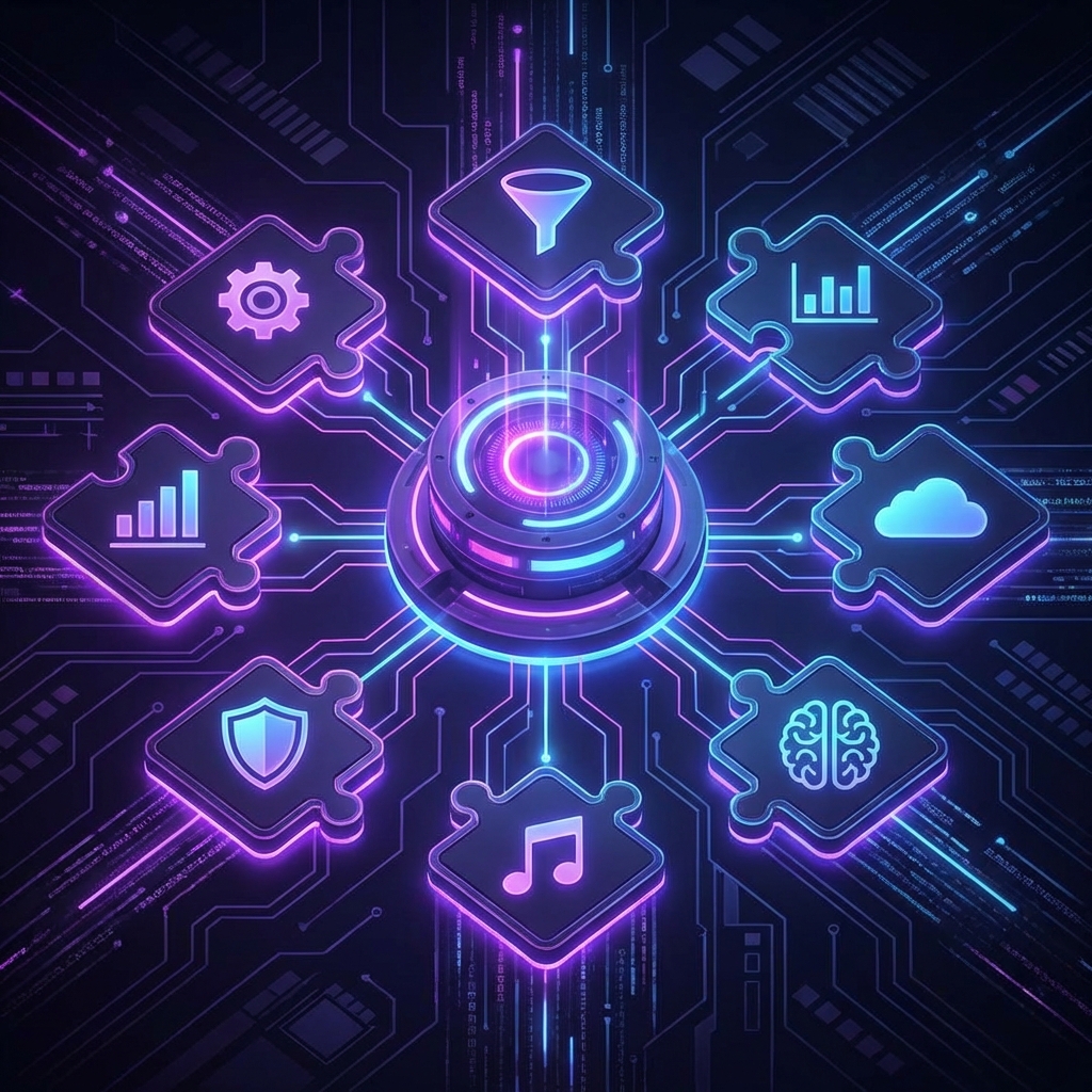 プラグインアーキテクチャ：中央のハブに複数のモジュールが接続する